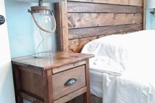 11 a rich stained wooden headboard and matching nightstands for a rustic feel in the bedroom
