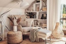 18 a neutral chair with pillows and blankets plus a footrest, jute rugs and a jute ottoman for a stylish boho reading nook