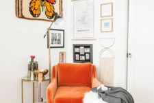 21 a bright orange velvet chair is a chic solution for a reading nook and it will add much color to the space