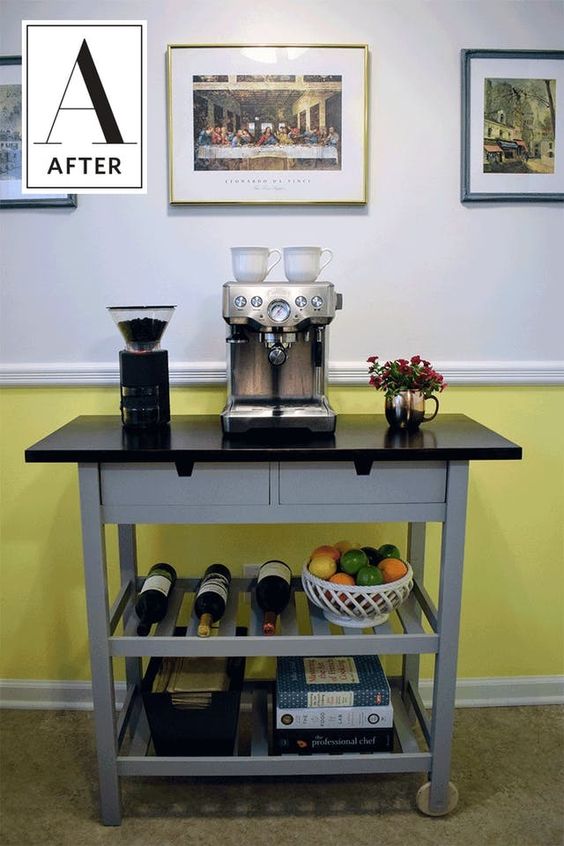 a drink cart made of an IKEA Forhoja cart redone with black and graphite grey paint is a stylish and bold idea