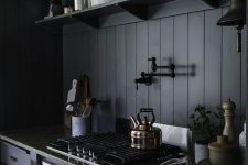 a vintage moody kitchen with graphite grey cabinets, stone countertops, a black beadboard backsplash and potted greenery
