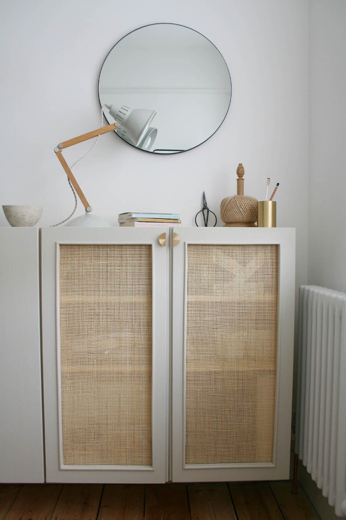 an IKEA Ivar cabinet hack with cane webbing and gold handles is a chic item to rock in many spaces
