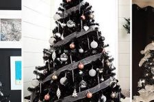 06 a black Christmas tree with white and sheer ribbons, white, gold and copper ornaments and lights is elegant and cool