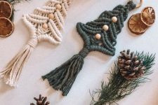 19 boho macrame Christmas tree ornaments with wooden beads and rings are great to use them anytime you want to add a free-spirited touch
