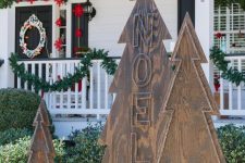 24 catchy plywood Christmas trees decorated with nails are ideal for decorating your outdoor spaces