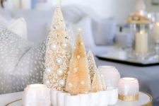 26 lovely Christmas decor with candles, bottle cleaner Christmas trees with pearls and beads as ornaments is very glam and chic