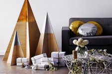 26 minimalist color block plywood Christmas tree and white and gold gifts are amazing for minimal and very simple holiday decor