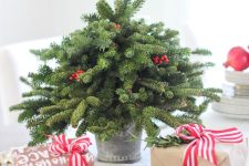 a lush tabletop Christmas tree decorated only with a bit of berries is a catchy decor idea for the table