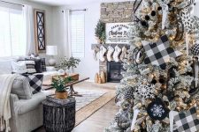 a stylish and chic flocked famrhouse Christmas tree with lights, printed black and white ornaments and snowflakes is wow