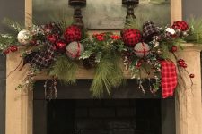 plaid christmas ornaments are great to decorate a mantel