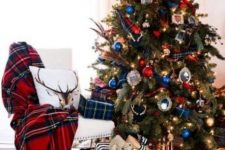 blue and red plaid ribbons, a red plaid blanket, gifts wrapped in plaid will make your space very holiday-like and cool