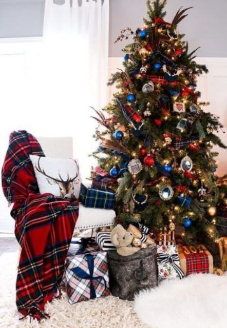 blue and red plaid ribbons, a red plaid blanket, gifts wrapped in plaid will make your space very holiday-like and cool