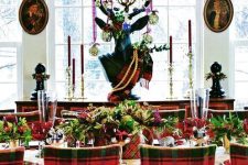 chairs covered with bold and bright plaid, a plaid box for a centerpiece is a cozy idea, traditional plaid balances whimsical decor around