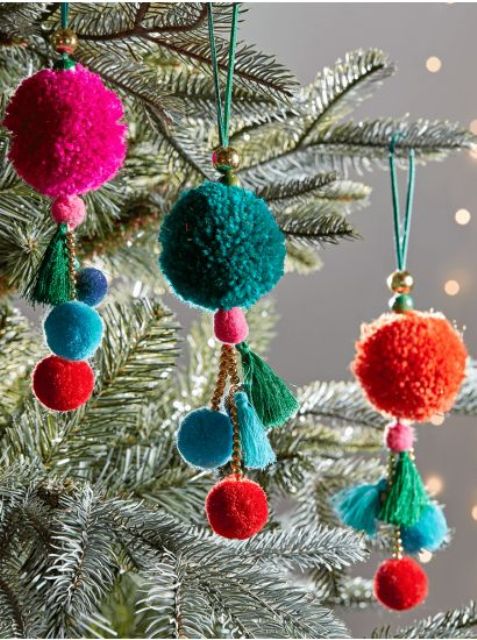 colorful pompom, tassel and bead Christmas ornaments are an easy craft that will infuse your Christmas tree with color