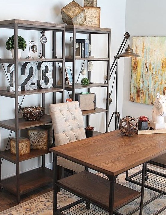 metal and wood free-standing shelving units that match the desk create a chic industrial feel in the home office