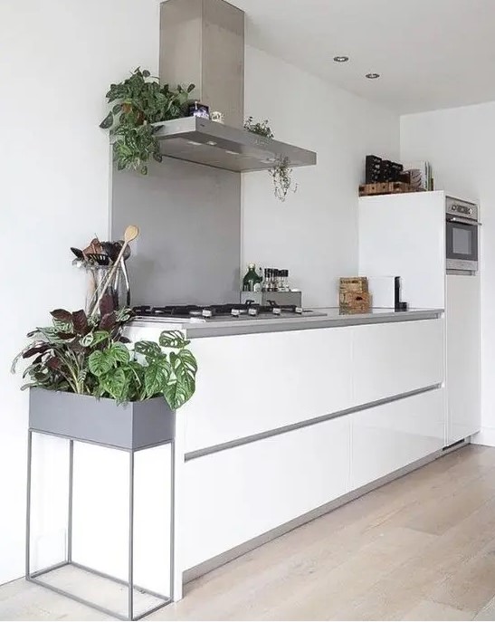 A minimal Nordic kitchen with a concrete countertop and backsplash, sleek white cabinetry, and potted plants. Incorporate concrete for a modern touch and use plants to refresh the space.