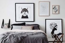 a pretty Scandinavian bedroom with a bed, catchy bedding, a printed rug, a gallery wall and a suspended shelf