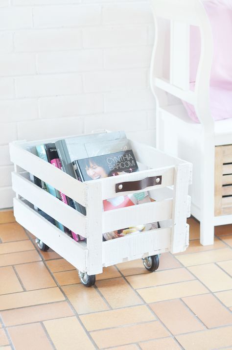 simple storage units of crates on casters are lovely for storing books, magazines, toys and various things you need