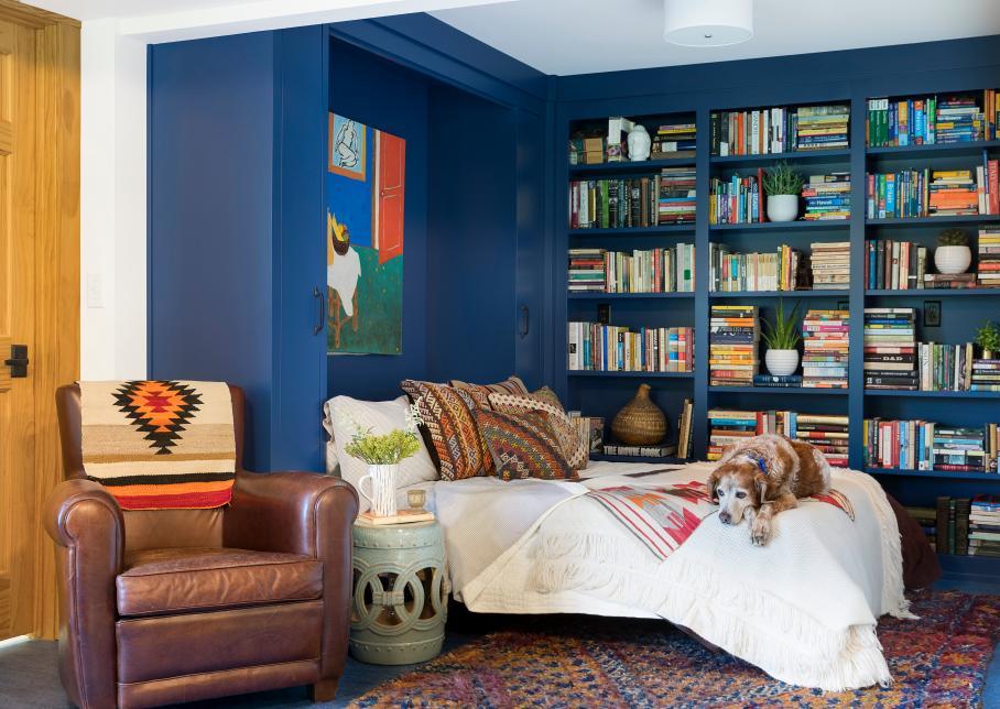 a bright room with a bold blue storage unit, lots of bookshelves and a hidden Murphy bed for comfy sleeping here