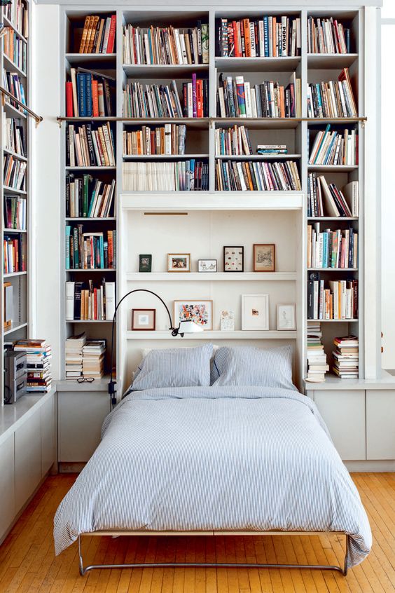 a library with a Murphy bed that can be used for guests is a very good idea for a small home