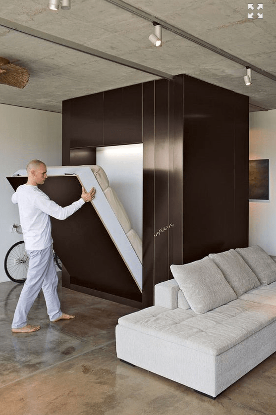 a minimalist apartment with a dark cube that separates spaces and contains a Murphy bed is cool