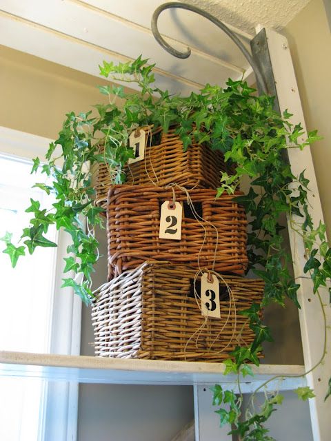 baskets with some climbing plants are great for rustic decor with a fresh spring feel at the same time