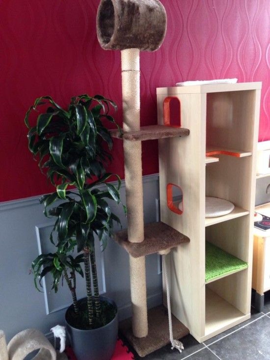 09 a stylish modern cat playground and a scratching post made of an IKEA Kallax 4 cube shelf is a very fresh and cool idea
