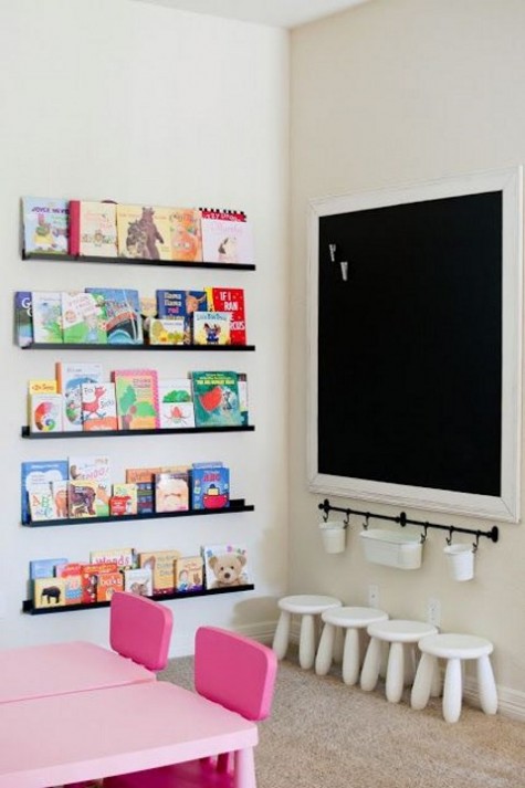 a kid's reading nook in the playroom done with black Ribba ledges is amazing and stylish