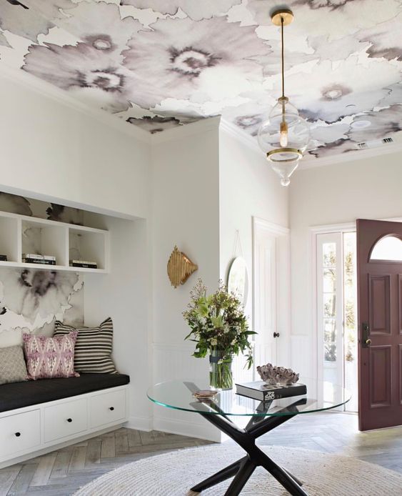 a floral wallpaper is a cool way to accent a ceiling