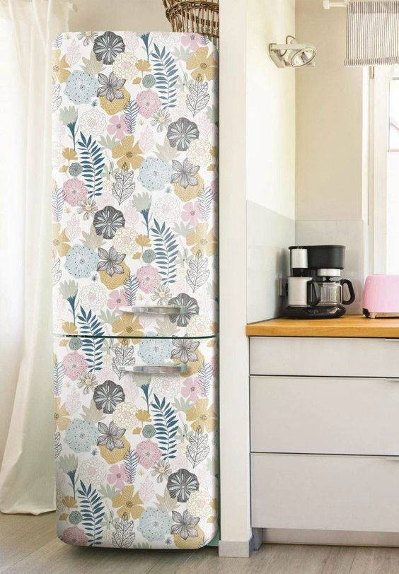 18 an old fridge given a new life with lovely pastel floral wallpaper looks very romantic and pretty