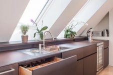 a minimalist attic kitchen with sleek grey cabinets, skylights, potted plants is a chic and stylish space