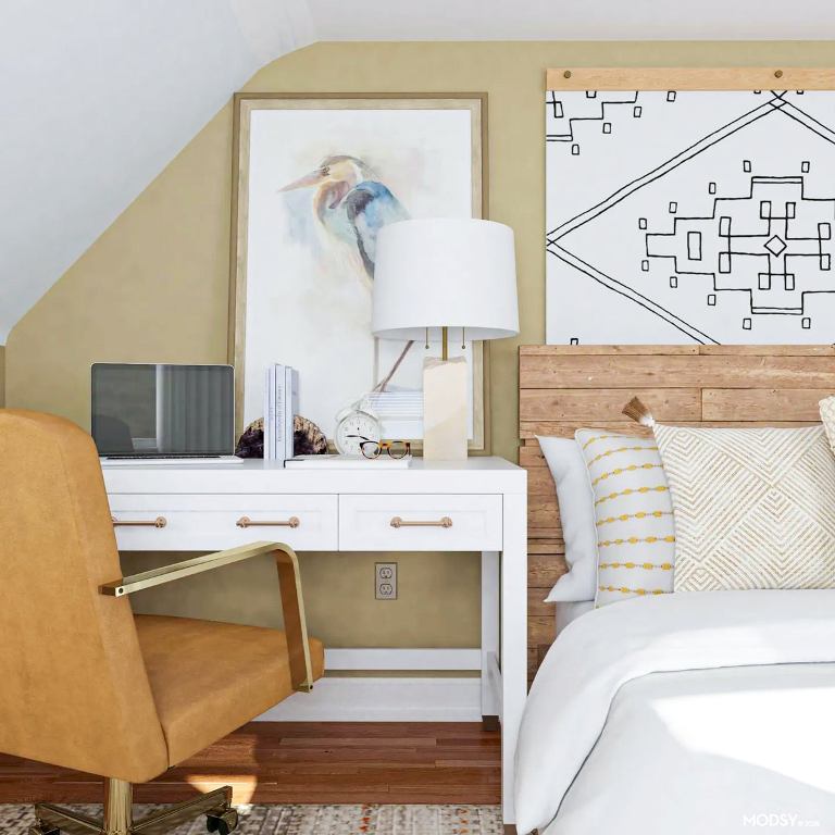 a modern neutral bedroom with tan walls, white and tan furniture, a watercolor artwork and a chic desk is amazing