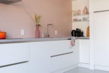 a minimalist kitchen could feature a pink wall
