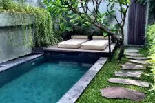 10 a gorgeous small backyard with a plunge pool, a living tree and some loungers, grass and stone tiles is welcoming and refreshing