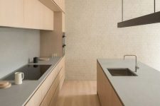 a lovely minimalist kitchen in warm tones, with sleek ligth stained cabinetry and a kitchen island, concrete countertops and a backsplash