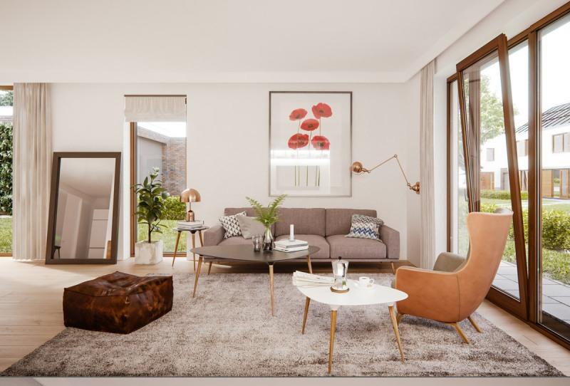 a beautiful mid century modern living room with a grey sofa and a large rug, a greige egg shaped chair, a duo of coffee tables, elegant copper lamps
