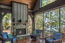a chalet-inspired screened porch with a fireplace clad with stone, dark wicker furniture, blue and green upholstery and gorgeous views