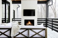 a cool screened porch design in b&w tones