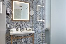 16 a small and chic contemporary bathroom with blue Moroccan tiles all over, a sink stand and a mirror in a gidled frame with lights