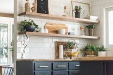 a cozy farmhouse kitchen design with black cabinets