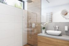 a minimalist bathroom with lots of wood