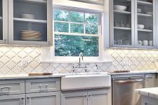 cute grey kitchen design with a creative tile backsplash