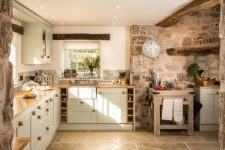 a rustic kitchen with stone walls, wooden beams, light grey cabinetry, butcherblock countertops and built-in lights is cool