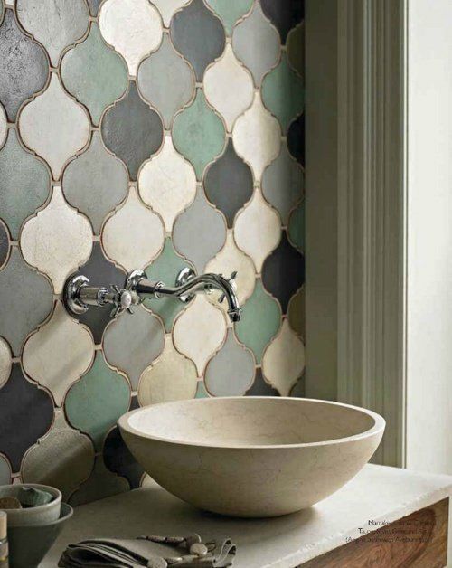 a sink space accented with multi color matte arabesque tiles and a matte stone sink is a fantastic idea that looks inspiring and pretty