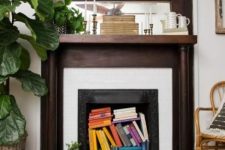 a vintage space with a fireplace, with a dark stained mantel, with colorful books inside to make a bold accent and a statement plant