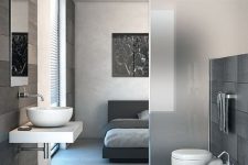 22 a contemporary bedroom with an en-suite bathroom that is divided from it only with a frosted glass space divider is a gorgeous idea to go for