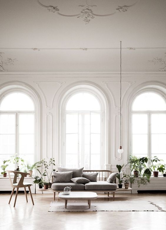 a contemporary living room featuring lots of arched windows that deliver much light and cozy up the space