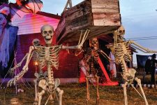 a spooky Halloween scene with skeletons carrying a coffin with another skeleton on top is a gorgeous idea to go for