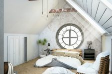 an eclectic bedroom with a large porthole window at the headboard as a decor statement in the space that provides much natural light