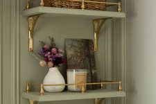 elegant brass and green shelving is suitable for any space and will give a chic and stylish vintage feel to the room
